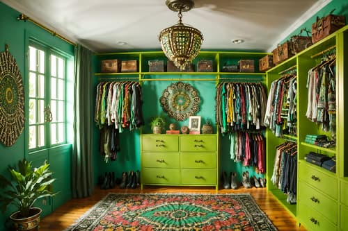 photo from pinterest of bohemian-style interior designed (walk in closet interior) . with mixed patterns and travel trinkets and playful textures and a lack of structure and bold colors and metals and lush green nature and bold patterns. . cinematic photo, highly detailed, cinematic lighting, ultra-detailed, ultrarealistic, photorealism, 8k. trending on pinterest. bohemian interior design style. masterpiece, cinematic light, ultrarealistic+, photorealistic+, 8k, raw photo, realistic, sharp focus on eyes, (symmetrical eyes), (intact eyes), hyperrealistic, highest quality, best quality, , highly detailed, masterpiece, best quality, extremely detailed 8k wallpaper, masterpiece, best quality, ultra-detailed, best shadow, detailed background, detailed face, detailed eyes, high contrast, best illumination, detailed face, dulux, caustic, dynamic angle, detailed glow. dramatic lighting. highly detailed, insanely detailed hair, symmetrical, intricate details, professionally retouched, 8k high definition. strong bokeh. award winning photo.