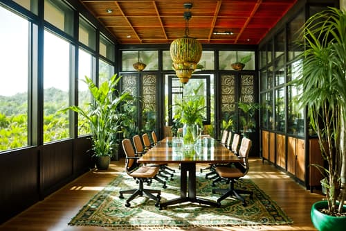 photo from pinterest of bohemian-style interior designed (meeting room interior) with glass doors and office chairs and boardroom table and vase and cabinets and plant and glass walls and painting or photo on wall. . with a lack of structure and natural materials and mixed patterns and lush green nature and playful patterns and bold colors and travel trinkets and animal hides. . cinematic photo, highly detailed, cinematic lighting, ultra-detailed, ultrarealistic, photorealism, 8k. trending on pinterest. bohemian interior design style. masterpiece, cinematic light, ultrarealistic+, photorealistic+, 8k, raw photo, realistic, sharp focus on eyes, (symmetrical eyes), (intact eyes), hyperrealistic, highest quality, best quality, , highly detailed, masterpiece, best quality, extremely detailed 8k wallpaper, masterpiece, best quality, ultra-detailed, best shadow, detailed background, detailed face, detailed eyes, high contrast, best illumination, detailed face, dulux, caustic, dynamic angle, detailed glow. dramatic lighting. highly detailed, insanely detailed hair, symmetrical, intricate details, professionally retouched, 8k high definition. strong bokeh. award winning photo.