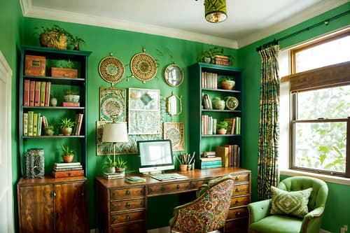 photo from pinterest of bohemian-style interior designed (study room interior) with desk lamp and plant and cabinets and writing desk and lounge chair and bookshelves and office chair and desk lamp. . with carefree layers of pattern, texture, and color and mixed patterns and bold patterns and playful textures and woods and lush green nature and a lack of structure and metals. . cinematic photo, highly detailed, cinematic lighting, ultra-detailed, ultrarealistic, photorealism, 8k. trending on pinterest. bohemian interior design style. masterpiece, cinematic light, ultrarealistic+, photorealistic+, 8k, raw photo, realistic, sharp focus on eyes, (symmetrical eyes), (intact eyes), hyperrealistic, highest quality, best quality, , highly detailed, masterpiece, best quality, extremely detailed 8k wallpaper, masterpiece, best quality, ultra-detailed, best shadow, detailed background, detailed face, detailed eyes, high contrast, best illumination, detailed face, dulux, caustic, dynamic angle, detailed glow. dramatic lighting. highly detailed, insanely detailed hair, symmetrical, intricate details, professionally retouched, 8k high definition. strong bokeh. award winning photo.