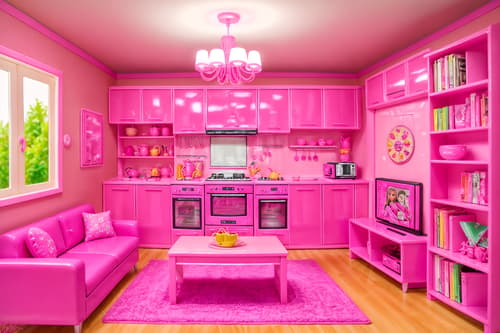 photo from pinterest of hot pink-style interior designed (kitchen living combo interior) with bookshelves and stove and televisions and plant and electric lamps and coffee tables and sink and refrigerator. . with barbie style interior and barbie closet and hot pink barbie colors and barbie bold rosy hues like fuchsia and magenta and barbie sofa and barbie glitter and sparkle and hot pink barbie walls and barbie plastic interior. . cinematic photo, highly detailed, cinematic lighting, ultra-detailed, ultrarealistic, photorealism, 8k. trending on pinterest. hot pink interior design style. masterpiece, cinematic light, ultrarealistic+, photorealistic+, 8k, raw photo, realistic, sharp focus on eyes, (symmetrical eyes), (intact eyes), hyperrealistic, highest quality, best quality, , highly detailed, masterpiece, best quality, extremely detailed 8k wallpaper, masterpiece, best quality, ultra-detailed, best shadow, detailed background, detailed face, detailed eyes, high contrast, best illumination, detailed face, dulux, caustic, dynamic angle, detailed glow. dramatic lighting. highly detailed, insanely detailed hair, symmetrical, intricate details, professionally retouched, 8k high definition. strong bokeh. award winning photo.
