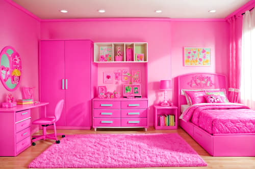 photo from pinterest of hot pink-style interior designed (kids room interior) with accent chair and plant and dresser closet and bedside table or night stand and storage bench or ottoman and kids desk and night light and headboard. . with barbie plastic interior and barbie sofa and barbie chairs and hot pink barbie colors and barbie bold rosy hues like fuchsia and magenta and barbie style interior and barbie glitter and sparkle and hot pink barbie walls. . cinematic photo, highly detailed, cinematic lighting, ultra-detailed, ultrarealistic, photorealism, 8k. trending on pinterest. hot pink interior design style. masterpiece, cinematic light, ultrarealistic+, photorealistic+, 8k, raw photo, realistic, sharp focus on eyes, (symmetrical eyes), (intact eyes), hyperrealistic, highest quality, best quality, , highly detailed, masterpiece, best quality, extremely detailed 8k wallpaper, masterpiece, best quality, ultra-detailed, best shadow, detailed background, detailed face, detailed eyes, high contrast, best illumination, detailed face, dulux, caustic, dynamic angle, detailed glow. dramatic lighting. highly detailed, insanely detailed hair, symmetrical, intricate details, professionally retouched, 8k high definition. strong bokeh. award winning photo.