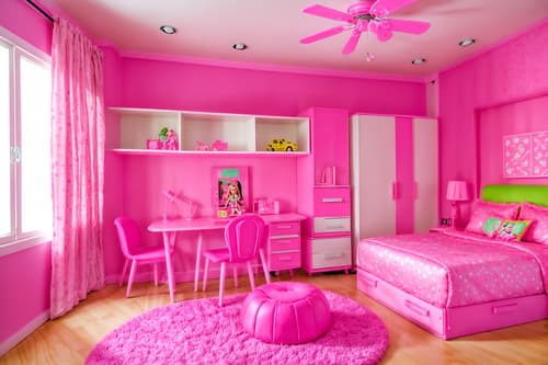 photo from pinterest of hot pink-style interior designed (kids room interior) with accent chair and plant and dresser closet and bedside table or night stand and storage bench or ottoman and kids desk and night light and headboard. . with barbie plastic interior and barbie sofa and barbie chairs and hot pink barbie colors and barbie bold rosy hues like fuchsia and magenta and barbie style interior and barbie glitter and sparkle and hot pink barbie walls. . cinematic photo, highly detailed, cinematic lighting, ultra-detailed, ultrarealistic, photorealism, 8k. trending on pinterest. hot pink interior design style. masterpiece, cinematic light, ultrarealistic+, photorealistic+, 8k, raw photo, realistic, sharp focus on eyes, (symmetrical eyes), (intact eyes), hyperrealistic, highest quality, best quality, , highly detailed, masterpiece, best quality, extremely detailed 8k wallpaper, masterpiece, best quality, ultra-detailed, best shadow, detailed background, detailed face, detailed eyes, high contrast, best illumination, detailed face, dulux, caustic, dynamic angle, detailed glow. dramatic lighting. highly detailed, insanely detailed hair, symmetrical, intricate details, professionally retouched, 8k high definition. strong bokeh. award winning photo.