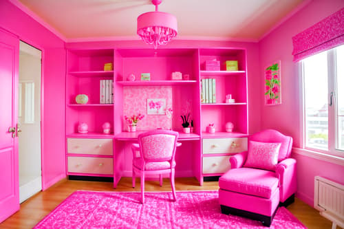 photo from pinterest of hot pink-style interior designed (hotel room interior) with working desk with desk chair and hotel bathroom and plant and headboard and accent chair and dresser closet and storage bench or ottoman and bed. . with barbie bold rosy hues like fuchsia and magenta and barbie plastic interior and barbie glitter and sparkle and barbie sofa and barbie style interior and barbie closet and hot pink barbie walls and barbie chairs. . cinematic photo, highly detailed, cinematic lighting, ultra-detailed, ultrarealistic, photorealism, 8k. trending on pinterest. hot pink interior design style. masterpiece, cinematic light, ultrarealistic+, photorealistic+, 8k, raw photo, realistic, sharp focus on eyes, (symmetrical eyes), (intact eyes), hyperrealistic, highest quality, best quality, , highly detailed, masterpiece, best quality, extremely detailed 8k wallpaper, masterpiece, best quality, ultra-detailed, best shadow, detailed background, detailed face, detailed eyes, high contrast, best illumination, detailed face, dulux, caustic, dynamic angle, detailed glow. dramatic lighting. highly detailed, insanely detailed hair, symmetrical, intricate details, professionally retouched, 8k high definition. strong bokeh. award winning photo.