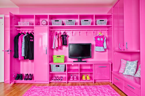 photo from pinterest of hot pink-style interior designed (drop zone interior) with shelves for shoes and lockers and a bench and high up storage and storage drawers and storage baskets and wall hooks for coats and cabinets. . with barbie plastic interior and hot pink barbie colors and hot pink barbie walls and barbie closet and barbie sofa and barbie bold rosy hues like fuchsia and magenta and barbie glitter and sparkle and barbie chairs. . cinematic photo, highly detailed, cinematic lighting, ultra-detailed, ultrarealistic, photorealism, 8k. trending on pinterest. hot pink interior design style. masterpiece, cinematic light, ultrarealistic+, photorealistic+, 8k, raw photo, realistic, sharp focus on eyes, (symmetrical eyes), (intact eyes), hyperrealistic, highest quality, best quality, , highly detailed, masterpiece, best quality, extremely detailed 8k wallpaper, masterpiece, best quality, ultra-detailed, best shadow, detailed background, detailed face, detailed eyes, high contrast, best illumination, detailed face, dulux, caustic, dynamic angle, detailed glow. dramatic lighting. highly detailed, insanely detailed hair, symmetrical, intricate details, professionally retouched, 8k high definition. strong bokeh. award winning photo.