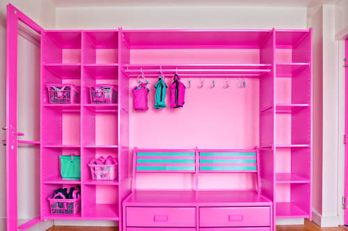 photo from pinterest of hot pink-style interior designed (drop zone interior) with shelves for shoes and lockers and a bench and high up storage and storage drawers and storage baskets and wall hooks for coats and cabinets. . with barbie plastic interior and hot pink barbie colors and hot pink barbie walls and barbie closet and barbie sofa and barbie bold rosy hues like fuchsia and magenta and barbie glitter and sparkle and barbie chairs. . cinematic photo, highly detailed, cinematic lighting, ultra-detailed, ultrarealistic, photorealism, 8k. trending on pinterest. hot pink interior design style. masterpiece, cinematic light, ultrarealistic+, photorealistic+, 8k, raw photo, realistic, sharp focus on eyes, (symmetrical eyes), (intact eyes), hyperrealistic, highest quality, best quality, , highly detailed, masterpiece, best quality, extremely detailed 8k wallpaper, masterpiece, best quality, ultra-detailed, best shadow, detailed background, detailed face, detailed eyes, high contrast, best illumination, detailed face, dulux, caustic, dynamic angle, detailed glow. dramatic lighting. highly detailed, insanely detailed hair, symmetrical, intricate details, professionally retouched, 8k high definition. strong bokeh. award winning photo.