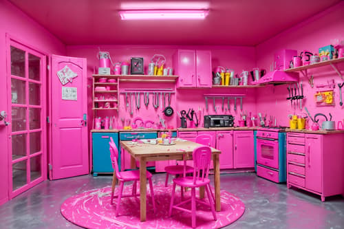 photo from pinterest of hot pink-style interior designed (workshop interior) with messy and tool wall and wooden workbench and messy. . with barbie style interior and barbie chairs and barbie glitter and sparkle and hot pink barbie colors and barbie closet and barbie plastic interior and hot pink barbie walls and barbie bold rosy hues like fuchsia and magenta. . cinematic photo, highly detailed, cinematic lighting, ultra-detailed, ultrarealistic, photorealism, 8k. trending on pinterest. hot pink interior design style. masterpiece, cinematic light, ultrarealistic+, photorealistic+, 8k, raw photo, realistic, sharp focus on eyes, (symmetrical eyes), (intact eyes), hyperrealistic, highest quality, best quality, , highly detailed, masterpiece, best quality, extremely detailed 8k wallpaper, masterpiece, best quality, ultra-detailed, best shadow, detailed background, detailed face, detailed eyes, high contrast, best illumination, detailed face, dulux, caustic, dynamic angle, detailed glow. dramatic lighting. highly detailed, insanely detailed hair, symmetrical, intricate details, professionally retouched, 8k high definition. strong bokeh. award winning photo.