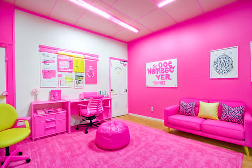 photo from pinterest of hot pink-style interior designed (coworking space interior) with office chairs and lounge chairs and office desks and seating area with sofa and office chairs. . with barbie sofa and barbie plastic interior and barbie chairs and barbie bold rosy hues like fuchsia and magenta and barbie closet and hot pink barbie colors and barbie glitter and sparkle and hot pink barbie walls. . cinematic photo, highly detailed, cinematic lighting, ultra-detailed, ultrarealistic, photorealism, 8k. trending on pinterest. hot pink interior design style. masterpiece, cinematic light, ultrarealistic+, photorealistic+, 8k, raw photo, realistic, sharp focus on eyes, (symmetrical eyes), (intact eyes), hyperrealistic, highest quality, best quality, , highly detailed, masterpiece, best quality, extremely detailed 8k wallpaper, masterpiece, best quality, ultra-detailed, best shadow, detailed background, detailed face, detailed eyes, high contrast, best illumination, detailed face, dulux, caustic, dynamic angle, detailed glow. dramatic lighting. highly detailed, insanely detailed hair, symmetrical, intricate details, professionally retouched, 8k high definition. strong bokeh. award winning photo.