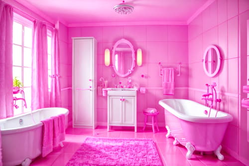 photo from pinterest of hot pink-style interior designed (bathroom interior) with toilet seat and bathroom cabinet and waste basket and shower and bath towel and bathtub and mirror and plant. . with barbie sofa and barbie chairs and barbie closet and hot pink barbie colors and barbie plastic interior and barbie style interior and barbie bold rosy hues like fuchsia and magenta and barbie glitter and sparkle. . cinematic photo, highly detailed, cinematic lighting, ultra-detailed, ultrarealistic, photorealism, 8k. trending on pinterest. hot pink interior design style. masterpiece, cinematic light, ultrarealistic+, photorealistic+, 8k, raw photo, realistic, sharp focus on eyes, (symmetrical eyes), (intact eyes), hyperrealistic, highest quality, best quality, , highly detailed, masterpiece, best quality, extremely detailed 8k wallpaper, masterpiece, best quality, ultra-detailed, best shadow, detailed background, detailed face, detailed eyes, high contrast, best illumination, detailed face, dulux, caustic, dynamic angle, detailed glow. dramatic lighting. highly detailed, insanely detailed hair, symmetrical, intricate details, professionally retouched, 8k high definition. strong bokeh. award winning photo.