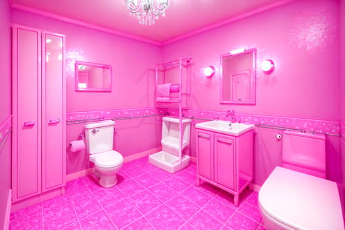 photo from pinterest of hot pink-style interior designed (bathroom interior) with toilet seat and bathroom cabinet and waste basket and shower and bath towel and bathtub and mirror and plant. . with barbie sofa and barbie chairs and barbie closet and hot pink barbie colors and barbie plastic interior and barbie style interior and barbie bold rosy hues like fuchsia and magenta and barbie glitter and sparkle. . cinematic photo, highly detailed, cinematic lighting, ultra-detailed, ultrarealistic, photorealism, 8k. trending on pinterest. hot pink interior design style. masterpiece, cinematic light, ultrarealistic+, photorealistic+, 8k, raw photo, realistic, sharp focus on eyes, (symmetrical eyes), (intact eyes), hyperrealistic, highest quality, best quality, , highly detailed, masterpiece, best quality, extremely detailed 8k wallpaper, masterpiece, best quality, ultra-detailed, best shadow, detailed background, detailed face, detailed eyes, high contrast, best illumination, detailed face, dulux, caustic, dynamic angle, detailed glow. dramatic lighting. highly detailed, insanely detailed hair, symmetrical, intricate details, professionally retouched, 8k high definition. strong bokeh. award winning photo.