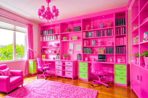 photo from pinterest of hot pink-style interior designed (study room interior) with plant and bookshelves and lounge chair and cabinets and office chair and writing desk and desk lamp and plant. . with barbie sofa and barbie bold rosy hues like fuchsia and magenta and barbie glitter and sparkle and barbie plastic interior and hot pink barbie walls and barbie chairs and hot pink barbie colors and barbie closet. . cinematic photo, highly detailed, cinematic lighting, ultra-detailed, ultrarealistic, photorealism, 8k. trending on pinterest. hot pink interior design style. masterpiece, cinematic light, ultrarealistic+, photorealistic+, 8k, raw photo, realistic, sharp focus on eyes, (symmetrical eyes), (intact eyes), hyperrealistic, highest quality, best quality, , highly detailed, masterpiece, best quality, extremely detailed 8k wallpaper, masterpiece, best quality, ultra-detailed, best shadow, detailed background, detailed face, detailed eyes, high contrast, best illumination, detailed face, dulux, caustic, dynamic angle, detailed glow. dramatic lighting. highly detailed, insanely detailed hair, symmetrical, intricate details, professionally retouched, 8k high definition. strong bokeh. award winning photo.