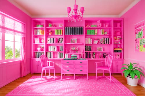 photo from pinterest of hot pink-style interior designed (study room interior) with plant and bookshelves and lounge chair and cabinets and office chair and writing desk and desk lamp and plant. . with barbie sofa and barbie bold rosy hues like fuchsia and magenta and barbie glitter and sparkle and barbie plastic interior and hot pink barbie walls and barbie chairs and hot pink barbie colors and barbie closet. . cinematic photo, highly detailed, cinematic lighting, ultra-detailed, ultrarealistic, photorealism, 8k. trending on pinterest. hot pink interior design style. masterpiece, cinematic light, ultrarealistic+, photorealistic+, 8k, raw photo, realistic, sharp focus on eyes, (symmetrical eyes), (intact eyes), hyperrealistic, highest quality, best quality, , highly detailed, masterpiece, best quality, extremely detailed 8k wallpaper, masterpiece, best quality, ultra-detailed, best shadow, detailed background, detailed face, detailed eyes, high contrast, best illumination, detailed face, dulux, caustic, dynamic angle, detailed glow. dramatic lighting. highly detailed, insanely detailed hair, symmetrical, intricate details, professionally retouched, 8k high definition. strong bokeh. award winning photo.