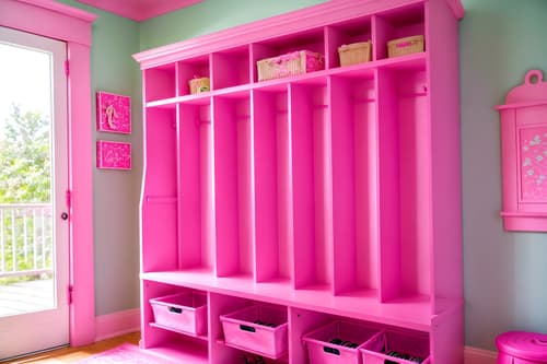 photo from pinterest of hot pink-style interior designed (mudroom interior) with a bench and shelves for shoes and storage drawers and wall hooks for coats and high up storage and cubbies and cabinets and storage baskets. . with hot pink barbie colors and barbie closet and barbie glitter and sparkle and barbie chairs and barbie plastic interior and barbie bold rosy hues like fuchsia and magenta and barbie sofa and barbie style interior. . cinematic photo, highly detailed, cinematic lighting, ultra-detailed, ultrarealistic, photorealism, 8k. trending on pinterest. hot pink interior design style. masterpiece, cinematic light, ultrarealistic+, photorealistic+, 8k, raw photo, realistic, sharp focus on eyes, (symmetrical eyes), (intact eyes), hyperrealistic, highest quality, best quality, , highly detailed, masterpiece, best quality, extremely detailed 8k wallpaper, masterpiece, best quality, ultra-detailed, best shadow, detailed background, detailed face, detailed eyes, high contrast, best illumination, detailed face, dulux, caustic, dynamic angle, detailed glow. dramatic lighting. highly detailed, insanely detailed hair, symmetrical, intricate details, professionally retouched, 8k high definition. strong bokeh. award winning photo.