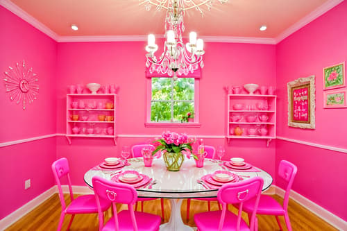 photo from pinterest of hot pink-style interior designed (dining room interior) with plates, cutlery and glasses on dining table and plant and bookshelves and dining table chairs and painting or photo on wall and vase and light or chandelier and dining table. . with hot pink barbie walls and hot pink barbie colors and barbie style interior and barbie glitter and sparkle and barbie sofa and barbie chairs and barbie bold rosy hues like fuchsia and magenta and barbie closet. . cinematic photo, highly detailed, cinematic lighting, ultra-detailed, ultrarealistic, photorealism, 8k. trending on pinterest. hot pink interior design style. masterpiece, cinematic light, ultrarealistic+, photorealistic+, 8k, raw photo, realistic, sharp focus on eyes, (symmetrical eyes), (intact eyes), hyperrealistic, highest quality, best quality, , highly detailed, masterpiece, best quality, extremely detailed 8k wallpaper, masterpiece, best quality, ultra-detailed, best shadow, detailed background, detailed face, detailed eyes, high contrast, best illumination, detailed face, dulux, caustic, dynamic angle, detailed glow. dramatic lighting. highly detailed, insanely detailed hair, symmetrical, intricate details, professionally retouched, 8k high definition. strong bokeh. award winning photo.