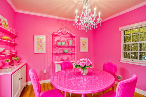 photo from pinterest of hot pink-style interior designed (dining room interior) with plates, cutlery and glasses on dining table and plant and bookshelves and dining table chairs and painting or photo on wall and vase and light or chandelier and dining table. . with hot pink barbie walls and hot pink barbie colors and barbie style interior and barbie glitter and sparkle and barbie sofa and barbie chairs and barbie bold rosy hues like fuchsia and magenta and barbie closet. . cinematic photo, highly detailed, cinematic lighting, ultra-detailed, ultrarealistic, photorealism, 8k. trending on pinterest. hot pink interior design style. masterpiece, cinematic light, ultrarealistic+, photorealistic+, 8k, raw photo, realistic, sharp focus on eyes, (symmetrical eyes), (intact eyes), hyperrealistic, highest quality, best quality, , highly detailed, masterpiece, best quality, extremely detailed 8k wallpaper, masterpiece, best quality, ultra-detailed, best shadow, detailed background, detailed face, detailed eyes, high contrast, best illumination, detailed face, dulux, caustic, dynamic angle, detailed glow. dramatic lighting. highly detailed, insanely detailed hair, symmetrical, intricate details, professionally retouched, 8k high definition. strong bokeh. award winning photo.