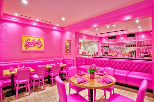photo from pinterest of hot pink-style interior designed (restaurant interior) with restaurant dining tables and restaurant chairs and restaurant bar and restaurant decor and restaurant dining tables. . with barbie bold rosy hues like fuchsia and magenta and barbie sofa and barbie glitter and sparkle and hot pink barbie walls and hot pink barbie colors and barbie style interior and barbie closet and barbie plastic interior. . cinematic photo, highly detailed, cinematic lighting, ultra-detailed, ultrarealistic, photorealism, 8k. trending on pinterest. hot pink interior design style. masterpiece, cinematic light, ultrarealistic+, photorealistic+, 8k, raw photo, realistic, sharp focus on eyes, (symmetrical eyes), (intact eyes), hyperrealistic, highest quality, best quality, , highly detailed, masterpiece, best quality, extremely detailed 8k wallpaper, masterpiece, best quality, ultra-detailed, best shadow, detailed background, detailed face, detailed eyes, high contrast, best illumination, detailed face, dulux, caustic, dynamic angle, detailed glow. dramatic lighting. highly detailed, insanely detailed hair, symmetrical, intricate details, professionally retouched, 8k high definition. strong bokeh. award winning photo.