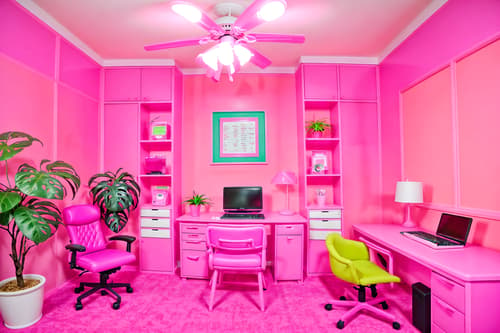 photo from pinterest of hot pink-style interior designed (office interior) with cabinets and computer desks and seating area with sofa and office desks and windows and lounge chairs and office chairs and plants. . with barbie style interior and barbie closet and barbie sofa and barbie chairs and hot pink barbie walls and hot pink barbie colors and barbie plastic interior and barbie bold rosy hues like fuchsia and magenta. . cinematic photo, highly detailed, cinematic lighting, ultra-detailed, ultrarealistic, photorealism, 8k. trending on pinterest. hot pink interior design style. masterpiece, cinematic light, ultrarealistic+, photorealistic+, 8k, raw photo, realistic, sharp focus on eyes, (symmetrical eyes), (intact eyes), hyperrealistic, highest quality, best quality, , highly detailed, masterpiece, best quality, extremely detailed 8k wallpaper, masterpiece, best quality, ultra-detailed, best shadow, detailed background, detailed face, detailed eyes, high contrast, best illumination, detailed face, dulux, caustic, dynamic angle, detailed glow. dramatic lighting. highly detailed, insanely detailed hair, symmetrical, intricate details, professionally retouched, 8k high definition. strong bokeh. award winning photo.