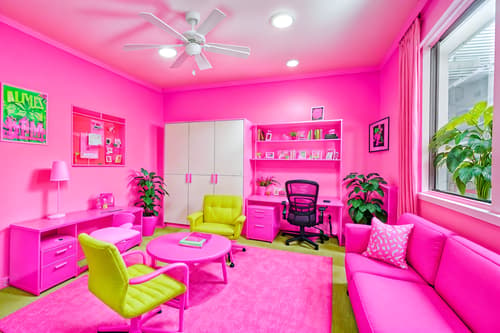 photo from pinterest of hot pink-style interior designed (office interior) with cabinets and computer desks and seating area with sofa and office desks and windows and lounge chairs and office chairs and plants. . with barbie style interior and barbie closet and barbie sofa and barbie chairs and hot pink barbie walls and hot pink barbie colors and barbie plastic interior and barbie bold rosy hues like fuchsia and magenta. . cinematic photo, highly detailed, cinematic lighting, ultra-detailed, ultrarealistic, photorealism, 8k. trending on pinterest. hot pink interior design style. masterpiece, cinematic light, ultrarealistic+, photorealistic+, 8k, raw photo, realistic, sharp focus on eyes, (symmetrical eyes), (intact eyes), hyperrealistic, highest quality, best quality, , highly detailed, masterpiece, best quality, extremely detailed 8k wallpaper, masterpiece, best quality, ultra-detailed, best shadow, detailed background, detailed face, detailed eyes, high contrast, best illumination, detailed face, dulux, caustic, dynamic angle, detailed glow. dramatic lighting. highly detailed, insanely detailed hair, symmetrical, intricate details, professionally retouched, 8k high definition. strong bokeh. award winning photo.
