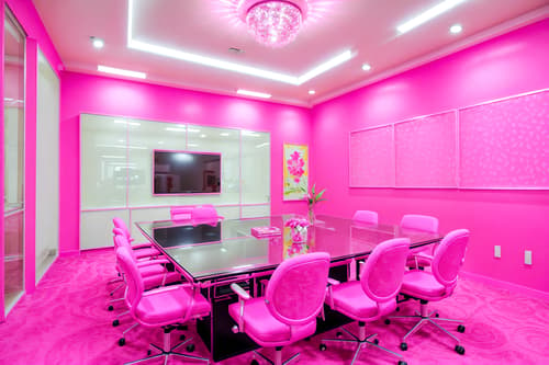photo from pinterest of hot pink-style interior designed (meeting room interior) with painting or photo on wall and cabinets and glass walls and boardroom table and glass doors and vase and plant and office chairs. . with barbie sofa and hot pink barbie walls and barbie chairs and barbie glitter and sparkle and barbie closet and hot pink barbie colors and barbie style interior and barbie bold rosy hues like fuchsia and magenta. . cinematic photo, highly detailed, cinematic lighting, ultra-detailed, ultrarealistic, photorealism, 8k. trending on pinterest. hot pink interior design style. masterpiece, cinematic light, ultrarealistic+, photorealistic+, 8k, raw photo, realistic, sharp focus on eyes, (symmetrical eyes), (intact eyes), hyperrealistic, highest quality, best quality, , highly detailed, masterpiece, best quality, extremely detailed 8k wallpaper, masterpiece, best quality, ultra-detailed, best shadow, detailed background, detailed face, detailed eyes, high contrast, best illumination, detailed face, dulux, caustic, dynamic angle, detailed glow. dramatic lighting. highly detailed, insanely detailed hair, symmetrical, intricate details, professionally retouched, 8k high definition. strong bokeh. award winning photo.