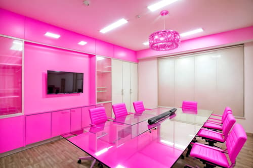 photo from pinterest of hot pink-style interior designed (meeting room interior) with painting or photo on wall and cabinets and glass walls and boardroom table and glass doors and vase and plant and office chairs. . with barbie sofa and hot pink barbie walls and barbie chairs and barbie glitter and sparkle and barbie closet and hot pink barbie colors and barbie style interior and barbie bold rosy hues like fuchsia and magenta. . cinematic photo, highly detailed, cinematic lighting, ultra-detailed, ultrarealistic, photorealism, 8k. trending on pinterest. hot pink interior design style. masterpiece, cinematic light, ultrarealistic+, photorealistic+, 8k, raw photo, realistic, sharp focus on eyes, (symmetrical eyes), (intact eyes), hyperrealistic, highest quality, best quality, , highly detailed, masterpiece, best quality, extremely detailed 8k wallpaper, masterpiece, best quality, ultra-detailed, best shadow, detailed background, detailed face, detailed eyes, high contrast, best illumination, detailed face, dulux, caustic, dynamic angle, detailed glow. dramatic lighting. highly detailed, insanely detailed hair, symmetrical, intricate details, professionally retouched, 8k high definition. strong bokeh. award winning photo.