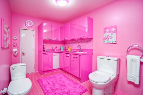 photo from pinterest of hot pink-style interior designed (toilet interior) with sink with tap and toilet with toilet seat up and toilet paper hanger and sink with tap. . with barbie style interior and barbie bold rosy hues like fuchsia and magenta and hot pink barbie walls and hot pink barbie colors and barbie glitter and sparkle and barbie chairs and barbie sofa and barbie closet. . cinematic photo, highly detailed, cinematic lighting, ultra-detailed, ultrarealistic, photorealism, 8k. trending on pinterest. hot pink interior design style. masterpiece, cinematic light, ultrarealistic+, photorealistic+, 8k, raw photo, realistic, sharp focus on eyes, (symmetrical eyes), (intact eyes), hyperrealistic, highest quality, best quality, , highly detailed, masterpiece, best quality, extremely detailed 8k wallpaper, masterpiece, best quality, ultra-detailed, best shadow, detailed background, detailed face, detailed eyes, high contrast, best illumination, detailed face, dulux, caustic, dynamic angle, detailed glow. dramatic lighting. highly detailed, insanely detailed hair, symmetrical, intricate details, professionally retouched, 8k high definition. strong bokeh. award winning photo.
