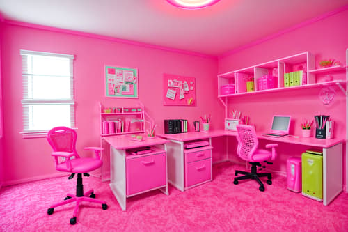photo from pinterest of hot pink-style interior designed (home office interior) with office chair and computer desk and plant and desk lamp and cabinets and office chair. . with barbie style interior and barbie glitter and sparkle and hot pink barbie colors and barbie plastic interior and barbie bold rosy hues like fuchsia and magenta and barbie closet and hot pink barbie walls and barbie chairs. . cinematic photo, highly detailed, cinematic lighting, ultra-detailed, ultrarealistic, photorealism, 8k. trending on pinterest. hot pink interior design style. masterpiece, cinematic light, ultrarealistic+, photorealistic+, 8k, raw photo, realistic, sharp focus on eyes, (symmetrical eyes), (intact eyes), hyperrealistic, highest quality, best quality, , highly detailed, masterpiece, best quality, extremely detailed 8k wallpaper, masterpiece, best quality, ultra-detailed, best shadow, detailed background, detailed face, detailed eyes, high contrast, best illumination, detailed face, dulux, caustic, dynamic angle, detailed glow. dramatic lighting. highly detailed, insanely detailed hair, symmetrical, intricate details, professionally retouched, 8k high definition. strong bokeh. award winning photo.