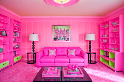 photo from pinterest of hot pink-style interior designed (living room interior) with occasional tables and televisions and bookshelves and plant and sofa and electric lamps and coffee tables and furniture. . with barbie sofa and barbie chairs and barbie bold rosy hues like fuchsia and magenta and barbie style interior and barbie closet and hot pink barbie colors and hot pink barbie walls and barbie plastic interior. . cinematic photo, highly detailed, cinematic lighting, ultra-detailed, ultrarealistic, photorealism, 8k. trending on pinterest. hot pink interior design style. masterpiece, cinematic light, ultrarealistic+, photorealistic+, 8k, raw photo, realistic, sharp focus on eyes, (symmetrical eyes), (intact eyes), hyperrealistic, highest quality, best quality, , highly detailed, masterpiece, best quality, extremely detailed 8k wallpaper, masterpiece, best quality, ultra-detailed, best shadow, detailed background, detailed face, detailed eyes, high contrast, best illumination, detailed face, dulux, caustic, dynamic angle, detailed glow. dramatic lighting. highly detailed, insanely detailed hair, symmetrical, intricate details, professionally retouched, 8k high definition. strong bokeh. award winning photo.
