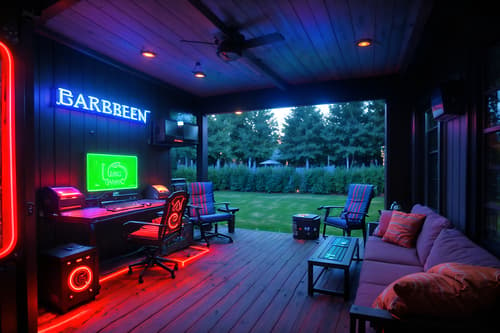 photo from pinterest of gaming room-style designed (outdoor patio ) with barbeque or grill and grass and plant and deck with deck chairs and patio couch with pillows and barbeque or grill. . with dark room and neon letters on wall and neon lights and speakers and multiple displays and purple, red and blue fade light and computer desk with computer displays and keyboard and dark walls. . cinematic photo, highly detailed, cinematic lighting, ultra-detailed, ultrarealistic, photorealism, 8k. trending on pinterest. gaming room design style. masterpiece, cinematic light, ultrarealistic+, photorealistic+, 8k, raw photo, realistic, sharp focus on eyes, (symmetrical eyes), (intact eyes), hyperrealistic, highest quality, best quality, , highly detailed, masterpiece, best quality, extremely detailed 8k wallpaper, masterpiece, best quality, ultra-detailed, best shadow, detailed background, detailed face, detailed eyes, high contrast, best illumination, detailed face, dulux, caustic, dynamic angle, detailed glow. dramatic lighting. highly detailed, insanely detailed hair, symmetrical, intricate details, professionally retouched, 8k high definition. strong bokeh. award winning photo.