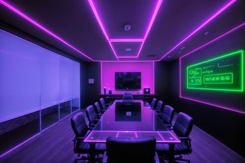 photo from pinterest of gaming room-style interior designed (meeting room interior) with painting or photo on wall and glass walls and glass doors and cabinets and plant and boardroom table and office chairs and vase. . with at night and dark room and multiple displays and neon lights and speakers and purple and red lights and neon letters on wall and computer desk with computer displays and keyboard. . cinematic photo, highly detailed, cinematic lighting, ultra-detailed, ultrarealistic, photorealism, 8k. trending on pinterest. gaming room interior design style. masterpiece, cinematic light, ultrarealistic+, photorealistic+, 8k, raw photo, realistic, sharp focus on eyes, (symmetrical eyes), (intact eyes), hyperrealistic, highest quality, best quality, , highly detailed, masterpiece, best quality, extremely detailed 8k wallpaper, masterpiece, best quality, ultra-detailed, best shadow, detailed background, detailed face, detailed eyes, high contrast, best illumination, detailed face, dulux, caustic, dynamic angle, detailed glow. dramatic lighting. highly detailed, insanely detailed hair, symmetrical, intricate details, professionally retouched, 8k high definition. strong bokeh. award winning photo.