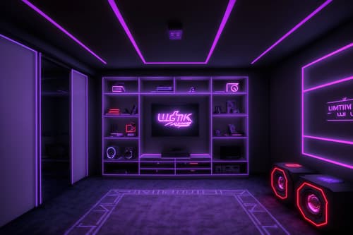 photo from pinterest of gaming room-style interior designed (walk in closet interior) . with neon letters on wall and at night and purple and red lights and speakers and purple, red and blue fade light and multiple displays and dark walls and dark room. . cinematic photo, highly detailed, cinematic lighting, ultra-detailed, ultrarealistic, photorealism, 8k. trending on pinterest. gaming room interior design style. masterpiece, cinematic light, ultrarealistic+, photorealistic+, 8k, raw photo, realistic, sharp focus on eyes, (symmetrical eyes), (intact eyes), hyperrealistic, highest quality, best quality, , highly detailed, masterpiece, best quality, extremely detailed 8k wallpaper, masterpiece, best quality, ultra-detailed, best shadow, detailed background, detailed face, detailed eyes, high contrast, best illumination, detailed face, dulux, caustic, dynamic angle, detailed glow. dramatic lighting. highly detailed, insanely detailed hair, symmetrical, intricate details, professionally retouched, 8k high definition. strong bokeh. award winning photo.