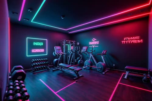 photo from pinterest of gaming room-style interior designed (fitness gym interior) with dumbbell stand and bench press and squat rack and crosstrainer and exercise bicycle and dumbbell stand. . with neon letters on wall and neon lights and purple, red and blue fade light and speakers and dark room and dark walls and multiple displays and purple and red lights. . cinematic photo, highly detailed, cinematic lighting, ultra-detailed, ultrarealistic, photorealism, 8k. trending on pinterest. gaming room interior design style. masterpiece, cinematic light, ultrarealistic+, photorealistic+, 8k, raw photo, realistic, sharp focus on eyes, (symmetrical eyes), (intact eyes), hyperrealistic, highest quality, best quality, , highly detailed, masterpiece, best quality, extremely detailed 8k wallpaper, masterpiece, best quality, ultra-detailed, best shadow, detailed background, detailed face, detailed eyes, high contrast, best illumination, detailed face, dulux, caustic, dynamic angle, detailed glow. dramatic lighting. highly detailed, insanely detailed hair, symmetrical, intricate details, professionally retouched, 8k high definition. strong bokeh. award winning photo.