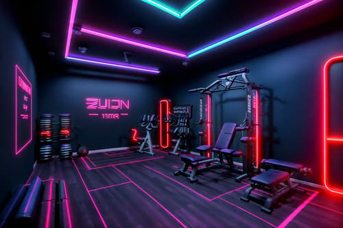 photo from pinterest of gaming room-style interior designed (fitness gym interior) with dumbbell stand and bench press and squat rack and crosstrainer and exercise bicycle and dumbbell stand. . with neon letters on wall and neon lights and purple, red and blue fade light and speakers and dark room and dark walls and multiple displays and purple and red lights. . cinematic photo, highly detailed, cinematic lighting, ultra-detailed, ultrarealistic, photorealism, 8k. trending on pinterest. gaming room interior design style. masterpiece, cinematic light, ultrarealistic+, photorealistic+, 8k, raw photo, realistic, sharp focus on eyes, (symmetrical eyes), (intact eyes), hyperrealistic, highest quality, best quality, , highly detailed, masterpiece, best quality, extremely detailed 8k wallpaper, masterpiece, best quality, ultra-detailed, best shadow, detailed background, detailed face, detailed eyes, high contrast, best illumination, detailed face, dulux, caustic, dynamic angle, detailed glow. dramatic lighting. highly detailed, insanely detailed hair, symmetrical, intricate details, professionally retouched, 8k high definition. strong bokeh. award winning photo.