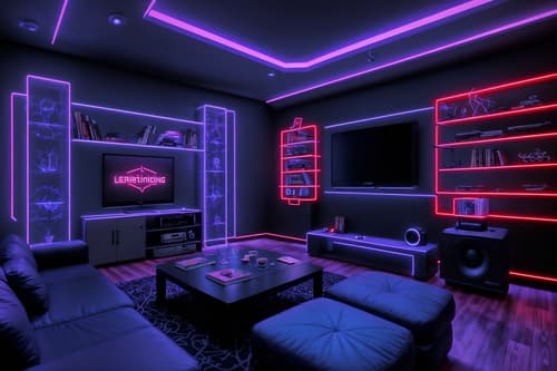 photo from pinterest of gaming room-style interior designed (living room interior) with occasional tables and plant and chairs and furniture and bookshelves and electric lamps and coffee tables and televisions. . with at night and speakers and neon lights and gaming chair and dark walls and purple, red and blue fade light and dark room and neon letters on wall. . cinematic photo, highly detailed, cinematic lighting, ultra-detailed, ultrarealistic, photorealism, 8k. trending on pinterest. gaming room interior design style. masterpiece, cinematic light, ultrarealistic+, photorealistic+, 8k, raw photo, realistic, sharp focus on eyes, (symmetrical eyes), (intact eyes), hyperrealistic, highest quality, best quality, , highly detailed, masterpiece, best quality, extremely detailed 8k wallpaper, masterpiece, best quality, ultra-detailed, best shadow, detailed background, detailed face, detailed eyes, high contrast, best illumination, detailed face, dulux, caustic, dynamic angle, detailed glow. dramatic lighting. highly detailed, insanely detailed hair, symmetrical, intricate details, professionally retouched, 8k high definition. strong bokeh. award winning photo.
