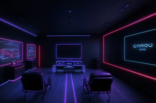 photo from pinterest of gaming room-style interior designed (exhibition space interior) . with computer desk with computer displays and keyboard and multiple displays and dark room and dark walls and purple, red and blue fade light and speakers and neon lights and neon letters on wall. . cinematic photo, highly detailed, cinematic lighting, ultra-detailed, ultrarealistic, photorealism, 8k. trending on pinterest. gaming room interior design style. masterpiece, cinematic light, ultrarealistic+, photorealistic+, 8k, raw photo, realistic, sharp focus on eyes, (symmetrical eyes), (intact eyes), hyperrealistic, highest quality, best quality, , highly detailed, masterpiece, best quality, extremely detailed 8k wallpaper, masterpiece, best quality, ultra-detailed, best shadow, detailed background, detailed face, detailed eyes, high contrast, best illumination, detailed face, dulux, caustic, dynamic angle, detailed glow. dramatic lighting. highly detailed, insanely detailed hair, symmetrical, intricate details, professionally retouched, 8k high definition. strong bokeh. award winning photo.
