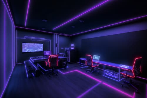 photo from pinterest of gaming room-style interior designed (exhibition space interior) . with computer desk with computer displays and keyboard and multiple displays and dark room and dark walls and purple, red and blue fade light and speakers and neon lights and neon letters on wall. . cinematic photo, highly detailed, cinematic lighting, ultra-detailed, ultrarealistic, photorealism, 8k. trending on pinterest. gaming room interior design style. masterpiece, cinematic light, ultrarealistic+, photorealistic+, 8k, raw photo, realistic, sharp focus on eyes, (symmetrical eyes), (intact eyes), hyperrealistic, highest quality, best quality, , highly detailed, masterpiece, best quality, extremely detailed 8k wallpaper, masterpiece, best quality, ultra-detailed, best shadow, detailed background, detailed face, detailed eyes, high contrast, best illumination, detailed face, dulux, caustic, dynamic angle, detailed glow. dramatic lighting. highly detailed, insanely detailed hair, symmetrical, intricate details, professionally retouched, 8k high definition. strong bokeh. award winning photo.