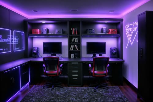 photo from pinterest of gaming room-style interior designed (drop zone interior) with wall hooks for coats and high up storage and shelves for shoes and storage baskets and cabinets and storage drawers and lockers and cubbies. . with dark room and gaming chair and purple and red lights and dark walls and multiple displays and computer desk with computer displays and keyboard and neon letters on wall and speakers. . cinematic photo, highly detailed, cinematic lighting, ultra-detailed, ultrarealistic, photorealism, 8k. trending on pinterest. gaming room interior design style. masterpiece, cinematic light, ultrarealistic+, photorealistic+, 8k, raw photo, realistic, sharp focus on eyes, (symmetrical eyes), (intact eyes), hyperrealistic, highest quality, best quality, , highly detailed, masterpiece, best quality, extremely detailed 8k wallpaper, masterpiece, best quality, ultra-detailed, best shadow, detailed background, detailed face, detailed eyes, high contrast, best illumination, detailed face, dulux, caustic, dynamic angle, detailed glow. dramatic lighting. highly detailed, insanely detailed hair, symmetrical, intricate details, professionally retouched, 8k high definition. strong bokeh. award winning photo.