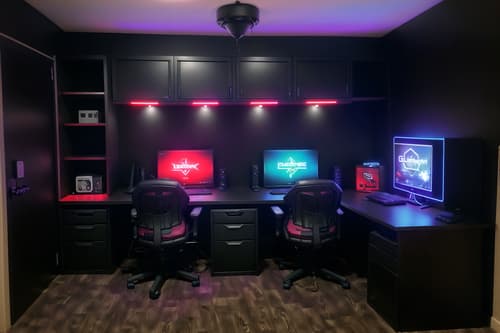 photo from pinterest of gaming room-style interior designed (drop zone interior) with wall hooks for coats and high up storage and shelves for shoes and storage baskets and cabinets and storage drawers and lockers and cubbies. . with dark room and gaming chair and purple and red lights and dark walls and multiple displays and computer desk with computer displays and keyboard and neon letters on wall and speakers. . cinematic photo, highly detailed, cinematic lighting, ultra-detailed, ultrarealistic, photorealism, 8k. trending on pinterest. gaming room interior design style. masterpiece, cinematic light, ultrarealistic+, photorealistic+, 8k, raw photo, realistic, sharp focus on eyes, (symmetrical eyes), (intact eyes), hyperrealistic, highest quality, best quality, , highly detailed, masterpiece, best quality, extremely detailed 8k wallpaper, masterpiece, best quality, ultra-detailed, best shadow, detailed background, detailed face, detailed eyes, high contrast, best illumination, detailed face, dulux, caustic, dynamic angle, detailed glow. dramatic lighting. highly detailed, insanely detailed hair, symmetrical, intricate details, professionally retouched, 8k high definition. strong bokeh. award winning photo.