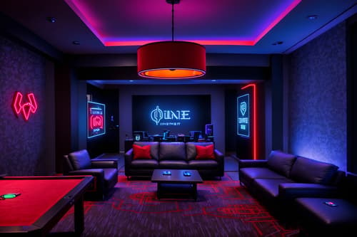 photo from pinterest of gaming room-style interior designed (hotel lobby interior) with rug and furniture and hanging lamps and sofas and plant and check in desk and coffee tables and lounge chairs. . with dark walls and multiple displays and neon letters on wall and computer desk with computer displays and keyboard and gaming chair and purple, red and blue fade light and purple and red lights and speakers. . cinematic photo, highly detailed, cinematic lighting, ultra-detailed, ultrarealistic, photorealism, 8k. trending on pinterest. gaming room interior design style. masterpiece, cinematic light, ultrarealistic+, photorealistic+, 8k, raw photo, realistic, sharp focus on eyes, (symmetrical eyes), (intact eyes), hyperrealistic, highest quality, best quality, , highly detailed, masterpiece, best quality, extremely detailed 8k wallpaper, masterpiece, best quality, ultra-detailed, best shadow, detailed background, detailed face, detailed eyes, high contrast, best illumination, detailed face, dulux, caustic, dynamic angle, detailed glow. dramatic lighting. highly detailed, insanely detailed hair, symmetrical, intricate details, professionally retouched, 8k high definition. strong bokeh. award winning photo.