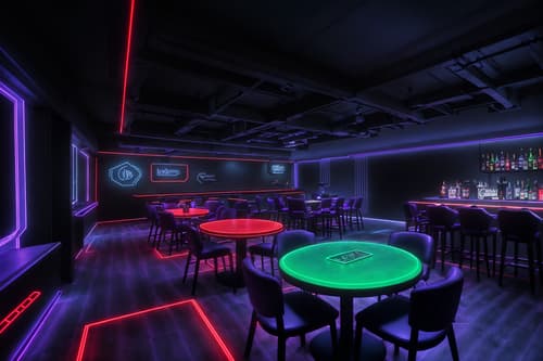 photo from pinterest of gaming room-style interior designed (restaurant interior) with restaurant bar and restaurant chairs and restaurant dining tables and restaurant decor and restaurant bar. . with dark room and neon lights and purple, red and blue fade light and at night and dark walls and speakers and gaming chair and computer desk with computer displays and keyboard. . cinematic photo, highly detailed, cinematic lighting, ultra-detailed, ultrarealistic, photorealism, 8k. trending on pinterest. gaming room interior design style. masterpiece, cinematic light, ultrarealistic+, photorealistic+, 8k, raw photo, realistic, sharp focus on eyes, (symmetrical eyes), (intact eyes), hyperrealistic, highest quality, best quality, , highly detailed, masterpiece, best quality, extremely detailed 8k wallpaper, masterpiece, best quality, ultra-detailed, best shadow, detailed background, detailed face, detailed eyes, high contrast, best illumination, detailed face, dulux, caustic, dynamic angle, detailed glow. dramatic lighting. highly detailed, insanely detailed hair, symmetrical, intricate details, professionally retouched, 8k high definition. strong bokeh. award winning photo.
