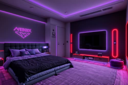 photo from pinterest of gaming room-style interior designed (bedroom interior) with storage bench or ottoman and accent chair and bed and bedside table or night stand and dresser closet and night light and mirror and headboard. . with purple and red lights and gaming chair and at night and purple, red and blue fade light and dark walls and neon letters on wall and neon lights and speakers. . cinematic photo, highly detailed, cinematic lighting, ultra-detailed, ultrarealistic, photorealism, 8k. trending on pinterest. gaming room interior design style. masterpiece, cinematic light, ultrarealistic+, photorealistic+, 8k, raw photo, realistic, sharp focus on eyes, (symmetrical eyes), (intact eyes), hyperrealistic, highest quality, best quality, , highly detailed, masterpiece, best quality, extremely detailed 8k wallpaper, masterpiece, best quality, ultra-detailed, best shadow, detailed background, detailed face, detailed eyes, high contrast, best illumination, detailed face, dulux, caustic, dynamic angle, detailed glow. dramatic lighting. highly detailed, insanely detailed hair, symmetrical, intricate details, professionally retouched, 8k high definition. strong bokeh. award winning photo.