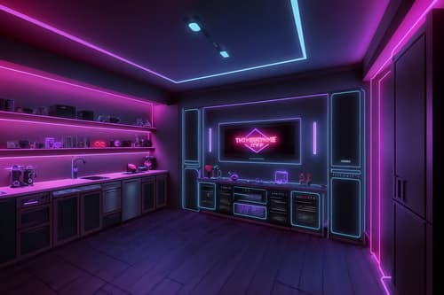 photo from pinterest of gaming room-style interior designed (kitchen interior) with worktops and plant and sink and kitchen cabinets and refrigerator and stove and worktops. . with multiple displays and dark room and speakers and neon letters on wall and purple and red lights and purple, red and blue fade light and gaming chair and at night. . cinematic photo, highly detailed, cinematic lighting, ultra-detailed, ultrarealistic, photorealism, 8k. trending on pinterest. gaming room interior design style. masterpiece, cinematic light, ultrarealistic+, photorealistic+, 8k, raw photo, realistic, sharp focus on eyes, (symmetrical eyes), (intact eyes), hyperrealistic, highest quality, best quality, , highly detailed, masterpiece, best quality, extremely detailed 8k wallpaper, masterpiece, best quality, ultra-detailed, best shadow, detailed background, detailed face, detailed eyes, high contrast, best illumination, detailed face, dulux, caustic, dynamic angle, detailed glow. dramatic lighting. highly detailed, insanely detailed hair, symmetrical, intricate details, professionally retouched, 8k high definition. strong bokeh. award winning photo.