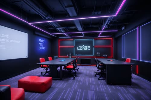 photo from pinterest of gaming room-style interior designed (coworking space interior) with office desks and seating area with sofa and lounge chairs and office chairs and office desks. . with multiple displays and speakers and at night and gaming chair and neon letters on wall and purple, red and blue fade light and dark room and dark walls. . cinematic photo, highly detailed, cinematic lighting, ultra-detailed, ultrarealistic, photorealism, 8k. trending on pinterest. gaming room interior design style. masterpiece, cinematic light, ultrarealistic+, photorealistic+, 8k, raw photo, realistic, sharp focus on eyes, (symmetrical eyes), (intact eyes), hyperrealistic, highest quality, best quality, , highly detailed, masterpiece, best quality, extremely detailed 8k wallpaper, masterpiece, best quality, ultra-detailed, best shadow, detailed background, detailed face, detailed eyes, high contrast, best illumination, detailed face, dulux, caustic, dynamic angle, detailed glow. dramatic lighting. highly detailed, insanely detailed hair, symmetrical, intricate details, professionally retouched, 8k high definition. strong bokeh. award winning photo.