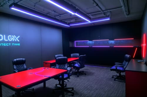 photo from pinterest of gaming room-style interior designed (office interior) with lounge chairs and plants and office chairs and windows and desk lamps and cabinets and computer desks and office desks. . with dark walls and neon lights and at night and computer desk with computer displays and keyboard and gaming chair and neon letters on wall and purple, red and blue fade light and purple and red lights. . cinematic photo, highly detailed, cinematic lighting, ultra-detailed, ultrarealistic, photorealism, 8k. trending on pinterest. gaming room interior design style. masterpiece, cinematic light, ultrarealistic+, photorealistic+, 8k, raw photo, realistic, sharp focus on eyes, (symmetrical eyes), (intact eyes), hyperrealistic, highest quality, best quality, , highly detailed, masterpiece, best quality, extremely detailed 8k wallpaper, masterpiece, best quality, ultra-detailed, best shadow, detailed background, detailed face, detailed eyes, high contrast, best illumination, detailed face, dulux, caustic, dynamic angle, detailed glow. dramatic lighting. highly detailed, insanely detailed hair, symmetrical, intricate details, professionally retouched, 8k high definition. strong bokeh. award winning photo.