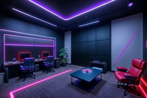 photo from pinterest of gaming room-style interior designed (office interior) with lounge chairs and plants and office chairs and windows and desk lamps and cabinets and computer desks and office desks. . with dark walls and neon lights and at night and computer desk with computer displays and keyboard and gaming chair and neon letters on wall and purple, red and blue fade light and purple and red lights. . cinematic photo, highly detailed, cinematic lighting, ultra-detailed, ultrarealistic, photorealism, 8k. trending on pinterest. gaming room interior design style. masterpiece, cinematic light, ultrarealistic+, photorealistic+, 8k, raw photo, realistic, sharp focus on eyes, (symmetrical eyes), (intact eyes), hyperrealistic, highest quality, best quality, , highly detailed, masterpiece, best quality, extremely detailed 8k wallpaper, masterpiece, best quality, ultra-detailed, best shadow, detailed background, detailed face, detailed eyes, high contrast, best illumination, detailed face, dulux, caustic, dynamic angle, detailed glow. dramatic lighting. highly detailed, insanely detailed hair, symmetrical, intricate details, professionally retouched, 8k high definition. strong bokeh. award winning photo.