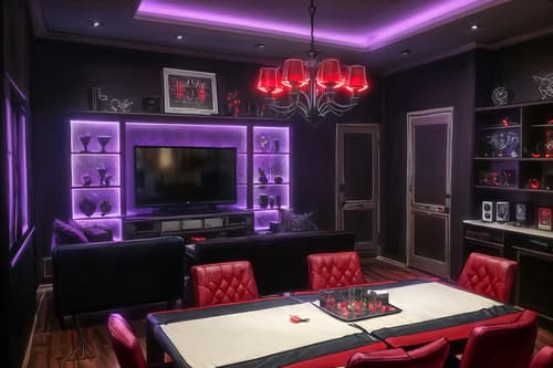 photo from pinterest of gaming room-style interior designed (dining room interior) with table cloth and vase and plates, cutlery and glasses on dining table and bookshelves and light or chandelier and dining table and plant and dining table chairs. . with purple and red lights and speakers and gaming chair and multiple displays and dark walls and at night and computer desk with computer displays and keyboard and purple, red and blue fade light. . cinematic photo, highly detailed, cinematic lighting, ultra-detailed, ultrarealistic, photorealism, 8k. trending on pinterest. gaming room interior design style. masterpiece, cinematic light, ultrarealistic+, photorealistic+, 8k, raw photo, realistic, sharp focus on eyes, (symmetrical eyes), (intact eyes), hyperrealistic, highest quality, best quality, , highly detailed, masterpiece, best quality, extremely detailed 8k wallpaper, masterpiece, best quality, ultra-detailed, best shadow, detailed background, detailed face, detailed eyes, high contrast, best illumination, detailed face, dulux, caustic, dynamic angle, detailed glow. dramatic lighting. highly detailed, insanely detailed hair, symmetrical, intricate details, professionally retouched, 8k high definition. strong bokeh. award winning photo.