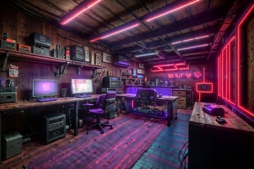 photo from pinterest of gaming room-style interior designed (workshop interior) with wooden workbench and messy and tool wall and wooden workbench. . with dark room and purple and red lights and speakers and neon letters on wall and purple, red and blue fade light and computer desk with computer displays and keyboard and multiple displays and gaming chair. . cinematic photo, highly detailed, cinematic lighting, ultra-detailed, ultrarealistic, photorealism, 8k. trending on pinterest. gaming room interior design style. masterpiece, cinematic light, ultrarealistic+, photorealistic+, 8k, raw photo, realistic, sharp focus on eyes, (symmetrical eyes), (intact eyes), hyperrealistic, highest quality, best quality, , highly detailed, masterpiece, best quality, extremely detailed 8k wallpaper, masterpiece, best quality, ultra-detailed, best shadow, detailed background, detailed face, detailed eyes, high contrast, best illumination, detailed face, dulux, caustic, dynamic angle, detailed glow. dramatic lighting. highly detailed, insanely detailed hair, symmetrical, intricate details, professionally retouched, 8k high definition. strong bokeh. award winning photo.