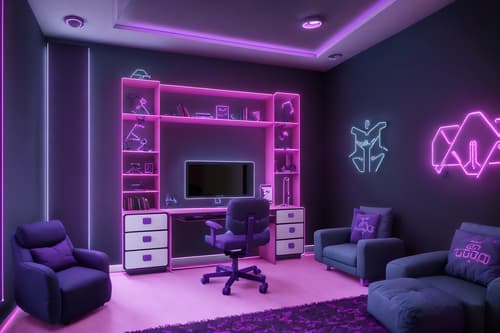 photo from pinterest of gaming room-style interior designed (kids room interior) with kids desk and bed and accent chair and mirror and dresser closet and storage bench or ottoman and night light and plant. . with dark walls and neon lights and purple, red and blue fade light and purple and red lights and gaming chair and at night and computer desk with computer displays and keyboard and speakers. . cinematic photo, highly detailed, cinematic lighting, ultra-detailed, ultrarealistic, photorealism, 8k. trending on pinterest. gaming room interior design style. masterpiece, cinematic light, ultrarealistic+, photorealistic+, 8k, raw photo, realistic, sharp focus on eyes, (symmetrical eyes), (intact eyes), hyperrealistic, highest quality, best quality, , highly detailed, masterpiece, best quality, extremely detailed 8k wallpaper, masterpiece, best quality, ultra-detailed, best shadow, detailed background, detailed face, detailed eyes, high contrast, best illumination, detailed face, dulux, caustic, dynamic angle, detailed glow. dramatic lighting. highly detailed, insanely detailed hair, symmetrical, intricate details, professionally retouched, 8k high definition. strong bokeh. award winning photo.