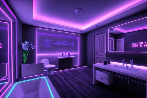 photo from pinterest of gaming room-style interior designed (hotel bathroom interior) with bathroom sink with faucet and toilet seat and waste basket and bath rail and bathtub and shower and bathroom cabinet and plant. . with at night and dark walls and neon letters on wall and purple, red and blue fade light and computer desk with computer displays and keyboard and neon lights and speakers and dark room. . cinematic photo, highly detailed, cinematic lighting, ultra-detailed, ultrarealistic, photorealism, 8k. trending on pinterest. gaming room interior design style. masterpiece, cinematic light, ultrarealistic+, photorealistic+, 8k, raw photo, realistic, sharp focus on eyes, (symmetrical eyes), (intact eyes), hyperrealistic, highest quality, best quality, , highly detailed, masterpiece, best quality, extremely detailed 8k wallpaper, masterpiece, best quality, ultra-detailed, best shadow, detailed background, detailed face, detailed eyes, high contrast, best illumination, detailed face, dulux, caustic, dynamic angle, detailed glow. dramatic lighting. highly detailed, insanely detailed hair, symmetrical, intricate details, professionally retouched, 8k high definition. strong bokeh. award winning photo.