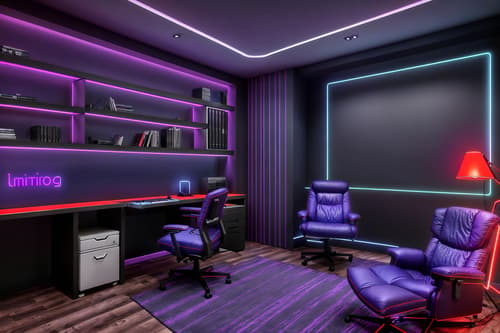 photo from pinterest of gaming room-style interior designed (study room interior) with writing desk and cabinets and plant and lounge chair and desk lamp and office chair and bookshelves and writing desk. . with purple, red and blue fade light and speakers and dark room and neon letters on wall and gaming chair and at night and dark walls and computer desk with computer displays and keyboard. . cinematic photo, highly detailed, cinematic lighting, ultra-detailed, ultrarealistic, photorealism, 8k. trending on pinterest. gaming room interior design style. masterpiece, cinematic light, ultrarealistic+, photorealistic+, 8k, raw photo, realistic, sharp focus on eyes, (symmetrical eyes), (intact eyes), hyperrealistic, highest quality, best quality, , highly detailed, masterpiece, best quality, extremely detailed 8k wallpaper, masterpiece, best quality, ultra-detailed, best shadow, detailed background, detailed face, detailed eyes, high contrast, best illumination, detailed face, dulux, caustic, dynamic angle, detailed glow. dramatic lighting. highly detailed, insanely detailed hair, symmetrical, intricate details, professionally retouched, 8k high definition. strong bokeh. award winning photo.