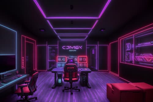 photo from pinterest of gaming room-style interior designed (clothing store interior) . with purple, red and blue fade light and computer desk with computer displays and keyboard and speakers and dark walls and gaming chair and multiple displays and neon lights and purple and red lights. . cinematic photo, highly detailed, cinematic lighting, ultra-detailed, ultrarealistic, photorealism, 8k. trending on pinterest. gaming room interior design style. masterpiece, cinematic light, ultrarealistic+, photorealistic+, 8k, raw photo, realistic, sharp focus on eyes, (symmetrical eyes), (intact eyes), hyperrealistic, highest quality, best quality, , highly detailed, masterpiece, best quality, extremely detailed 8k wallpaper, masterpiece, best quality, ultra-detailed, best shadow, detailed background, detailed face, detailed eyes, high contrast, best illumination, detailed face, dulux, caustic, dynamic angle, detailed glow. dramatic lighting. highly detailed, insanely detailed hair, symmetrical, intricate details, professionally retouched, 8k high definition. strong bokeh. award winning photo.