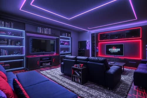 photo from pinterest of gaming room-style interior designed (kitchen living combo interior) with stove and plant and sofa and televisions and occasional tables and bookshelves and chairs and rug. . with gaming chair and speakers and computer desk with computer displays and keyboard and neon lights and neon letters on wall and multiple displays and purple, red and blue fade light and at night. . cinematic photo, highly detailed, cinematic lighting, ultra-detailed, ultrarealistic, photorealism, 8k. trending on pinterest. gaming room interior design style. masterpiece, cinematic light, ultrarealistic+, photorealistic+, 8k, raw photo, realistic, sharp focus on eyes, (symmetrical eyes), (intact eyes), hyperrealistic, highest quality, best quality, , highly detailed, masterpiece, best quality, extremely detailed 8k wallpaper, masterpiece, best quality, ultra-detailed, best shadow, detailed background, detailed face, detailed eyes, high contrast, best illumination, detailed face, dulux, caustic, dynamic angle, detailed glow. dramatic lighting. highly detailed, insanely detailed hair, symmetrical, intricate details, professionally retouched, 8k high definition. strong bokeh. award winning photo.